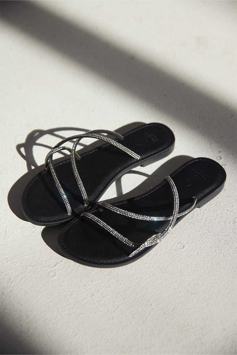 Crystal Strappy Sliders in Black
