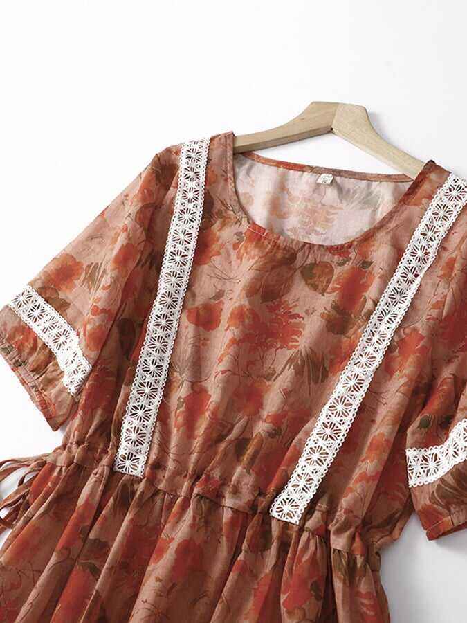 Orange Flower Lace Stitching Ramie Mid-Length Skirt With Narrow Waist
