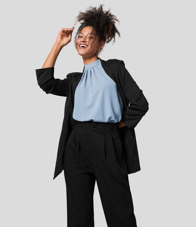 Keyhole Back Halter Plicated Sleeveless Curved Hem Work Blouse