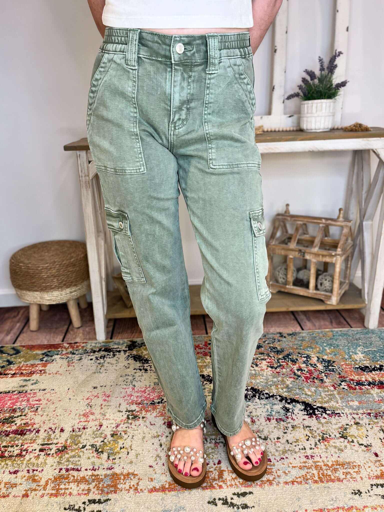 Vervet by Flying Monkey Dixie Cargo Straight Ankle Jeans - Army Green