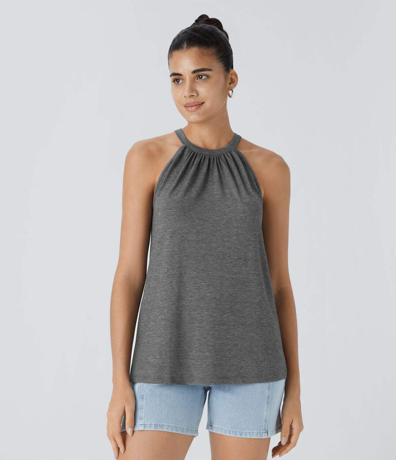 Round Neck Plicated Casual Tank Top