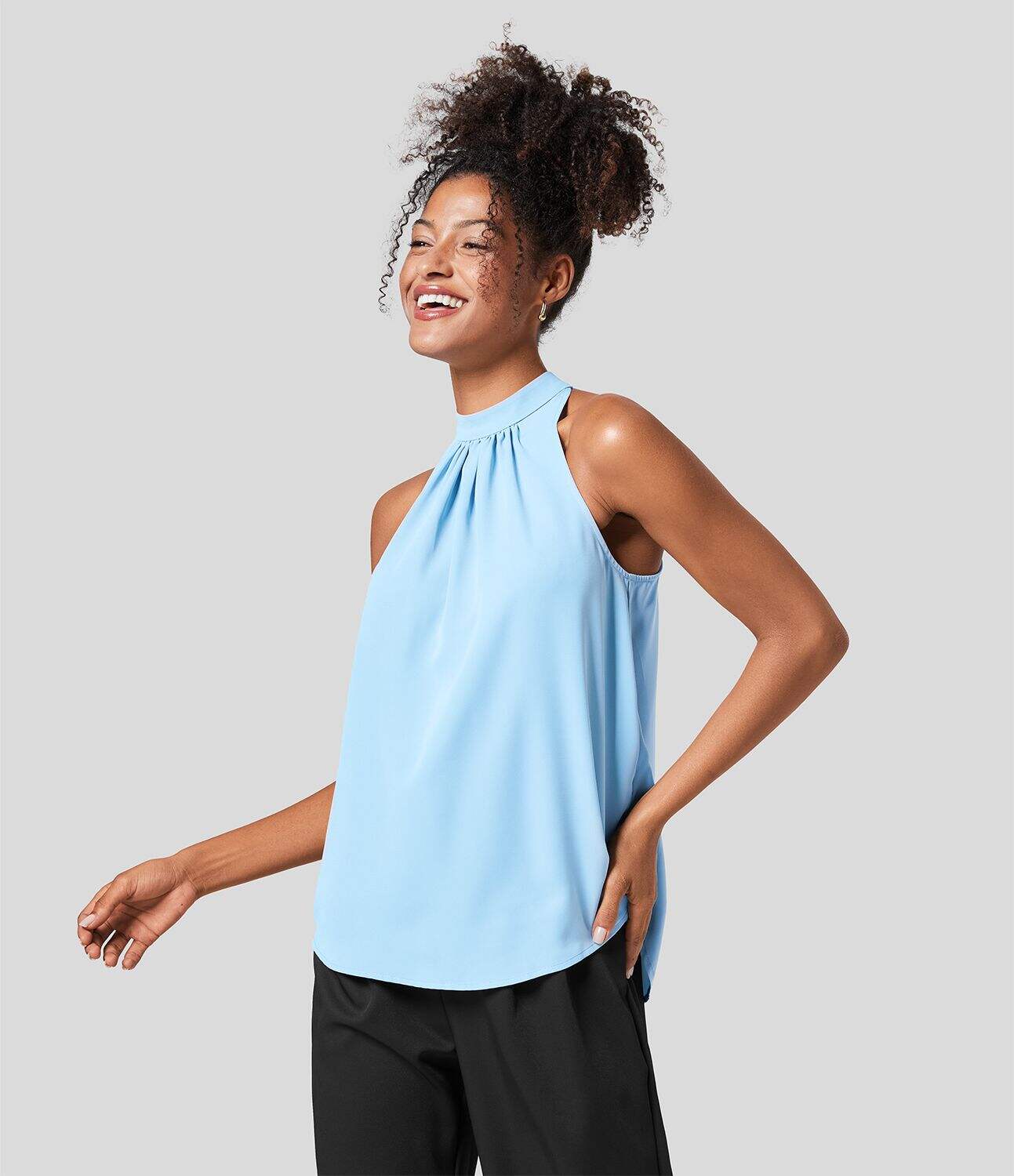 Keyhole Back Halter Plicated Sleeveless Curved Hem Work Blouse