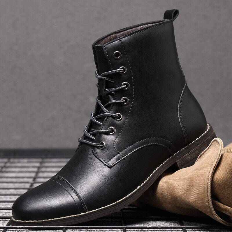 Italian Men's High-top Leather Boots Cap Toe Waterproof Wear-resistant Dress Boots Work Boots