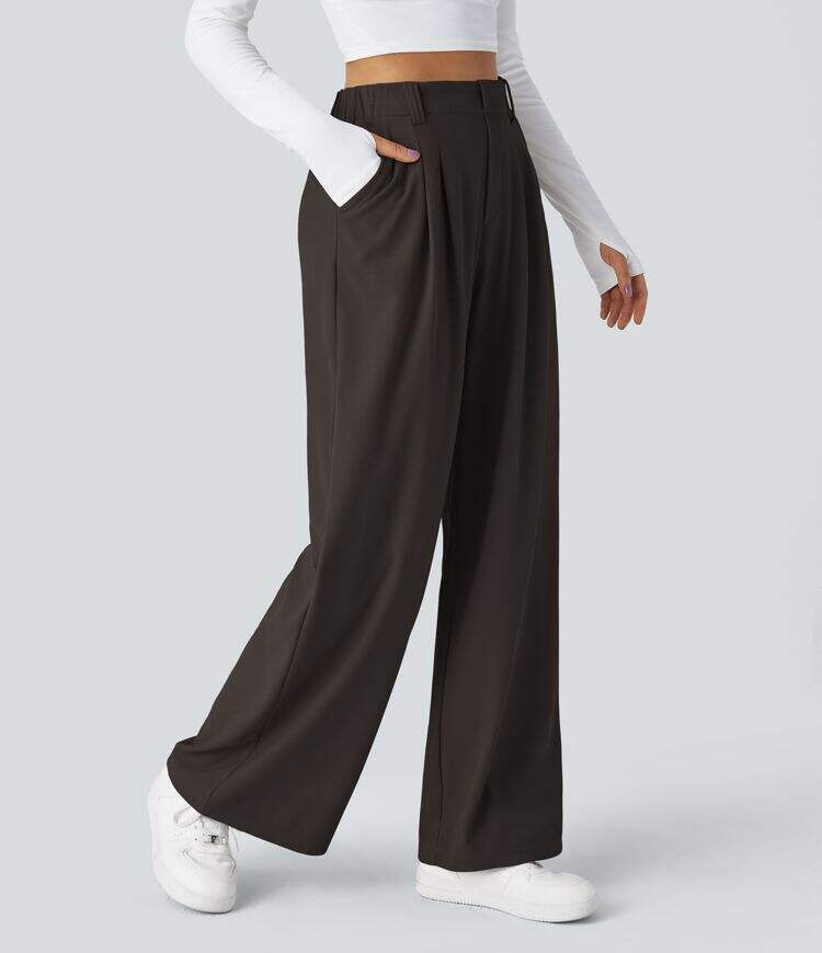 High Waisted Plicated Side Pocket Wide Leg Waffle Work Pants