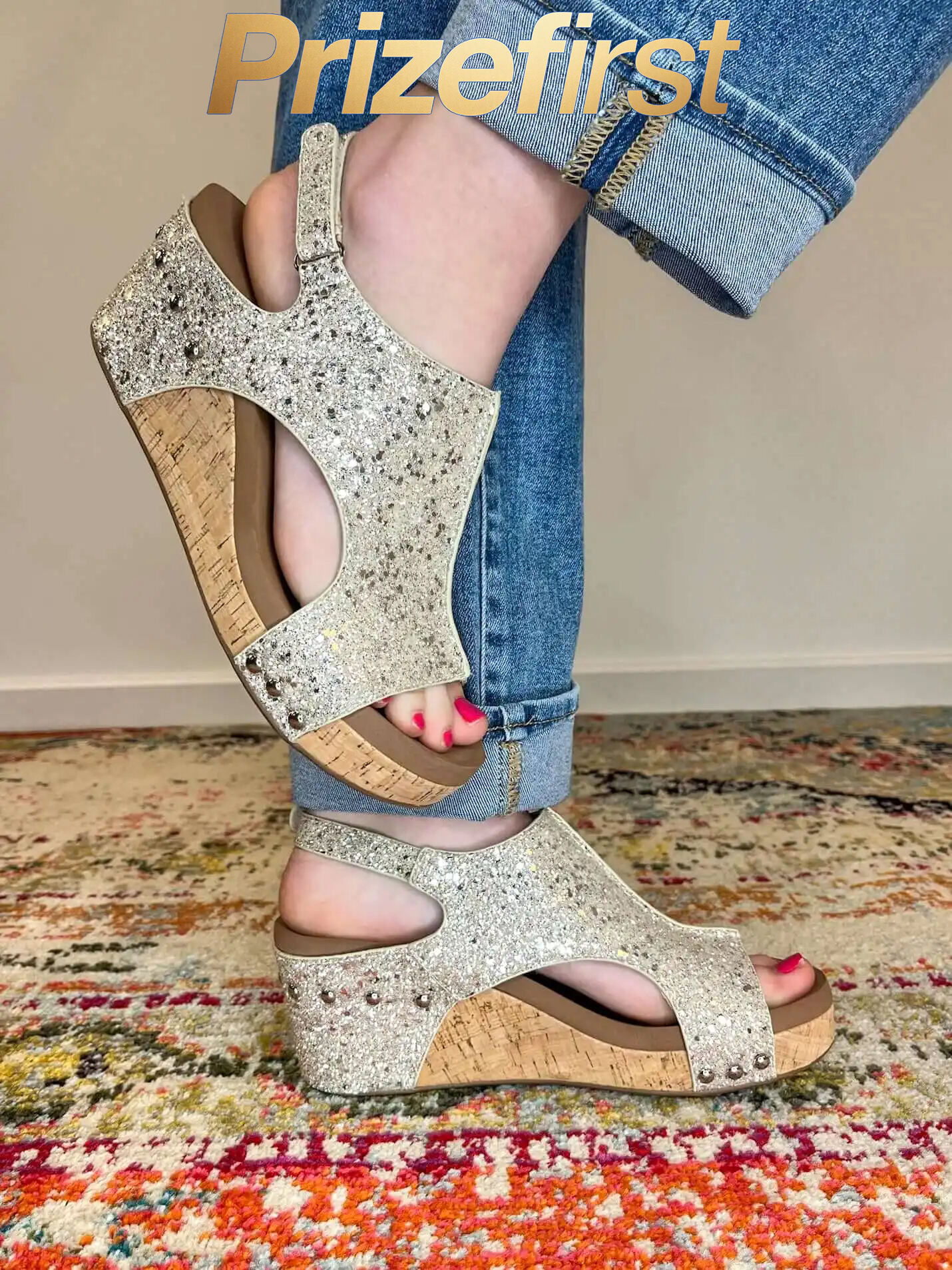 Corkys Footwear Carley Wedge Sandal - Beige New Glitter