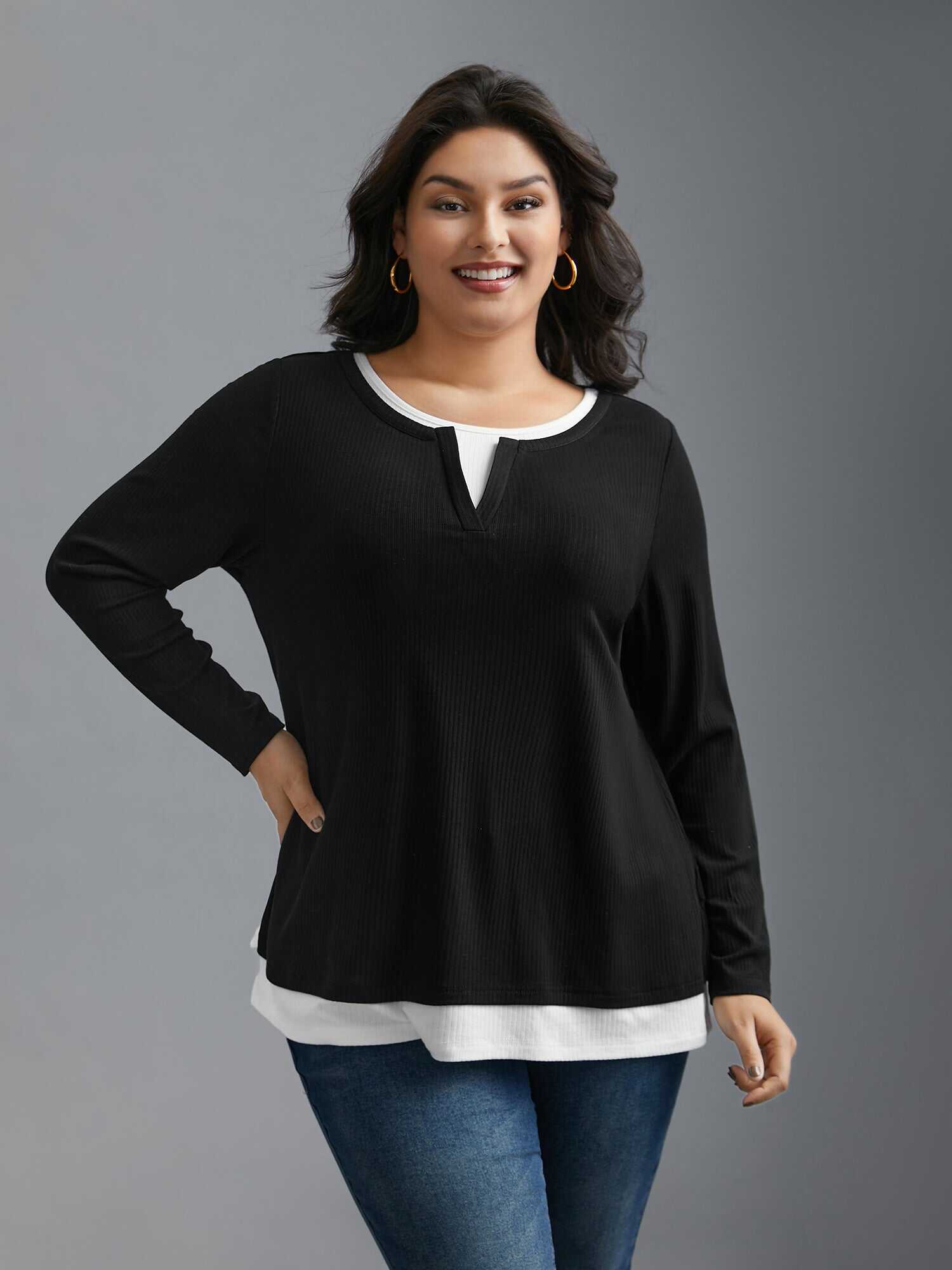 Notched Patchwork 2-In-1 Knit Top