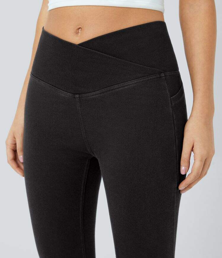 Crossover Side Pocket Washed Stretchy Knit Denim Work Leggings