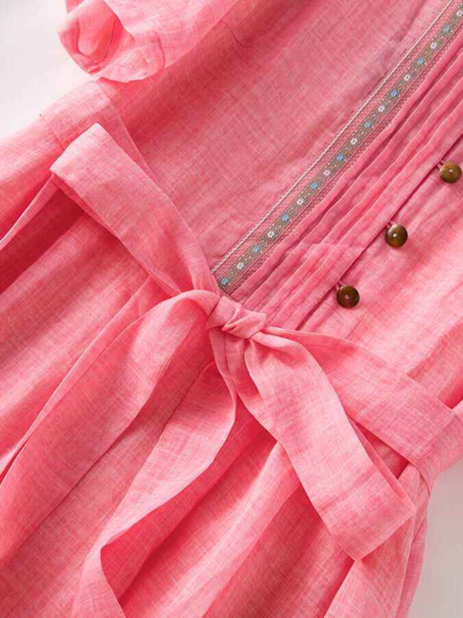 Ethnic Pleated Waistband Cotton Linen Dress