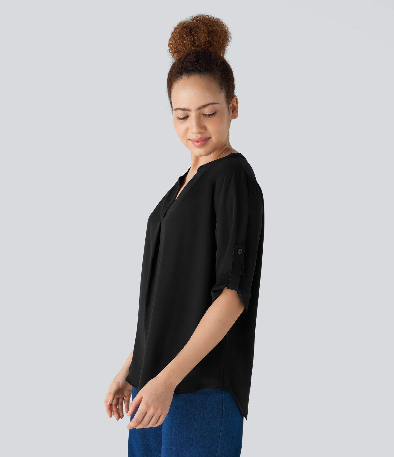 V Neck Button Three Quarter Sleeve Curved Hem Work Shirt