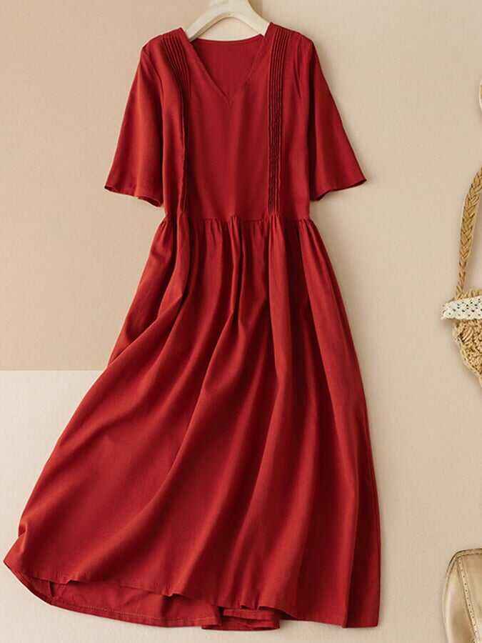 Cotton And Linen Loose Accordion Pleats Design Sense Waist Slimming Mid-Length Dress