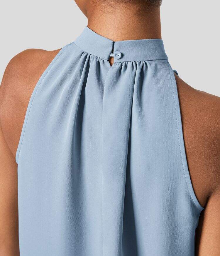 Keyhole Back Halter Plicated Sleeveless Curved Hem Work Blouse