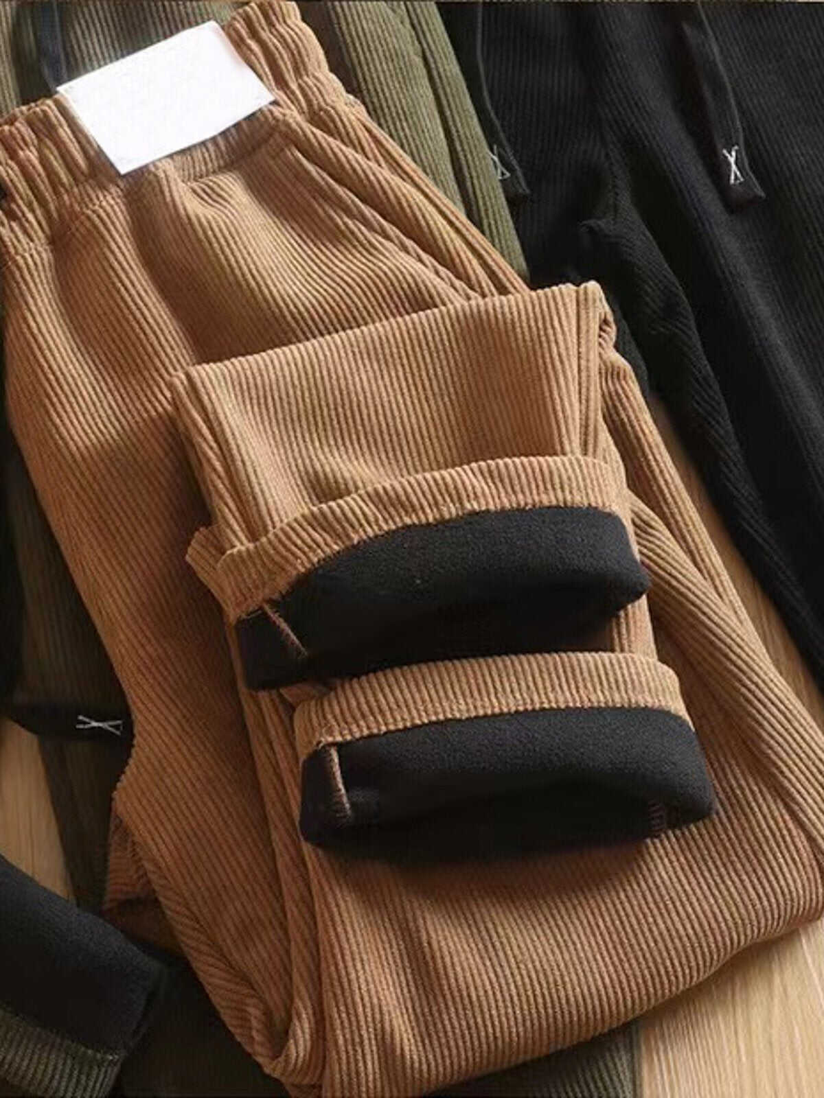 Corduroy Fleece-Lined Elastic Waist Straight Pants