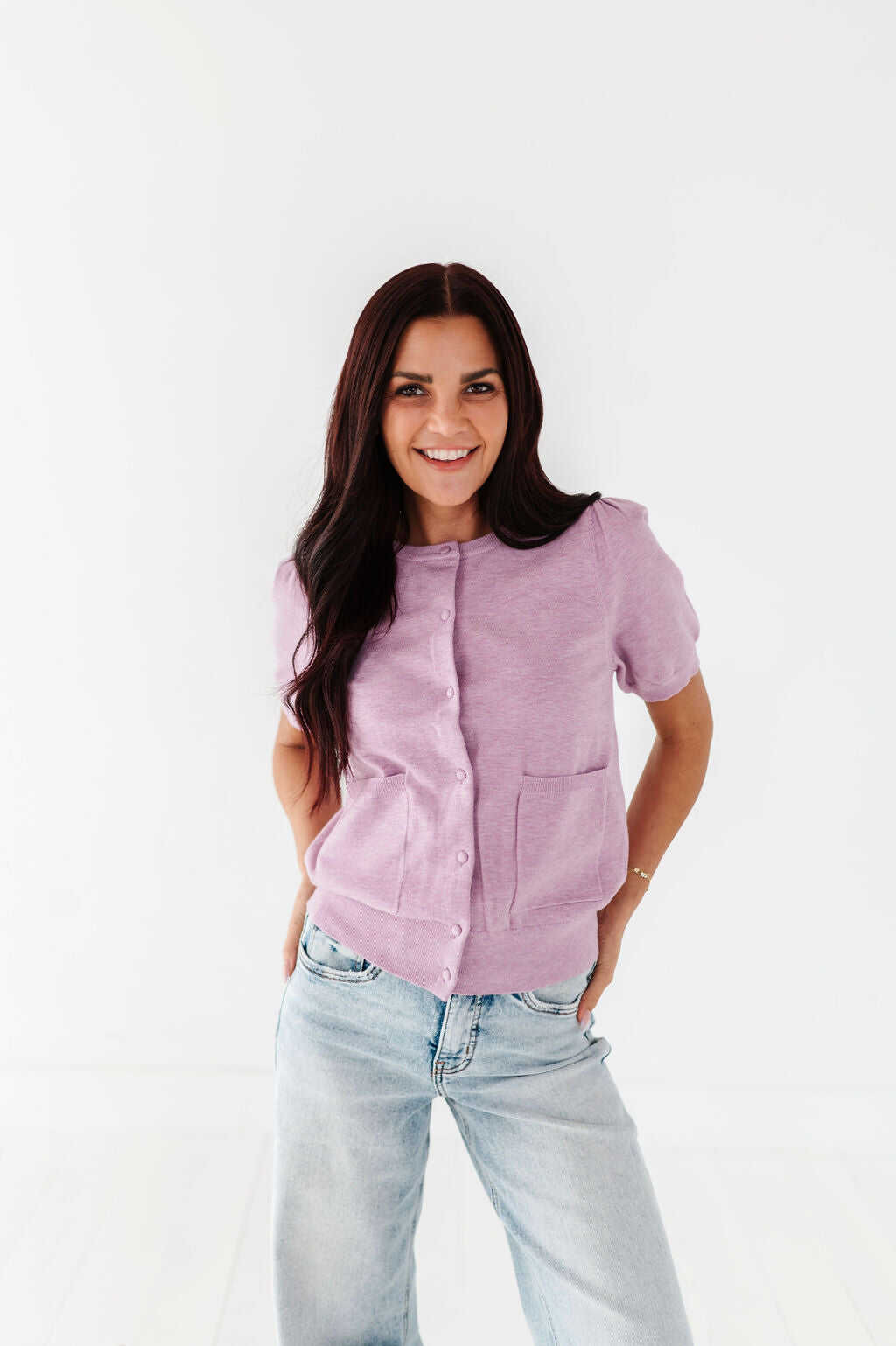Betty Short Sleeve Cardigan in Blush - Size XL Left