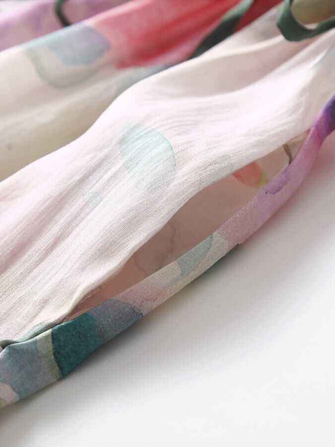 Cotton Linen Pink Printed Loose And Thin V-Neck Long Skirt With Pockets
