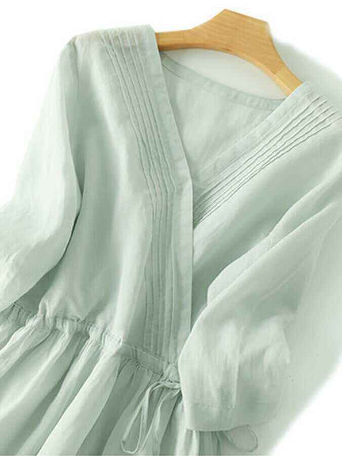 Cotton And Linen V-Neck Three-Quarter Sleeves Loose Solid Color Waist A-Line Dress