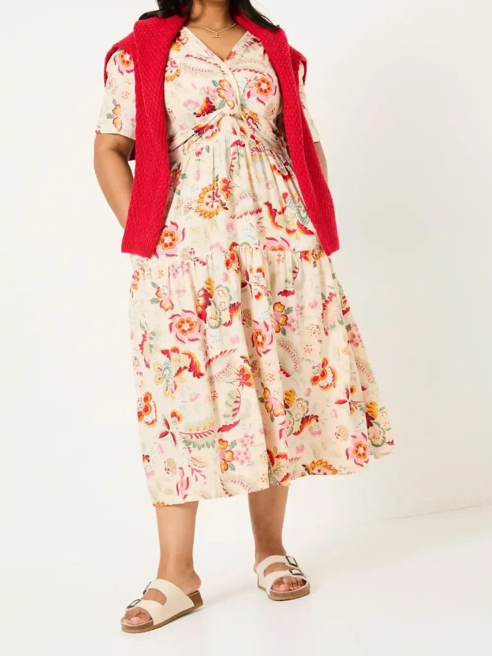 Cream Plants Printed Midi Dress
