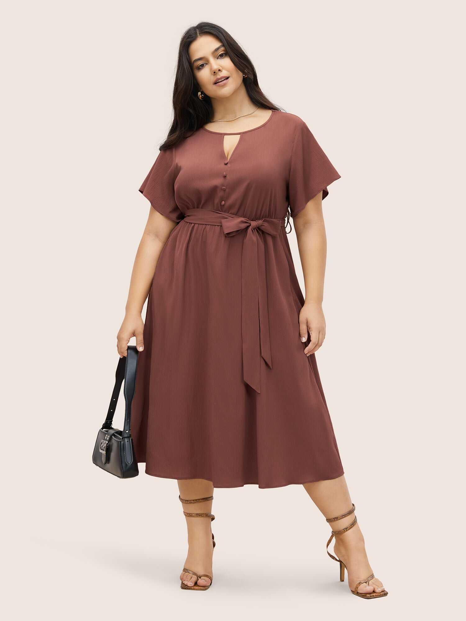 Anti-Wrinkle Keyhole Button Detail Belted Dress