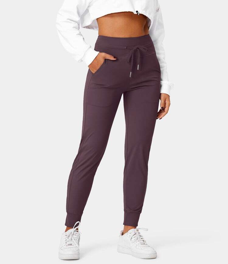 Airy High Waisted Drawstring Side Pocket Plain Cool Touch Full Length Joggers-UPF50+