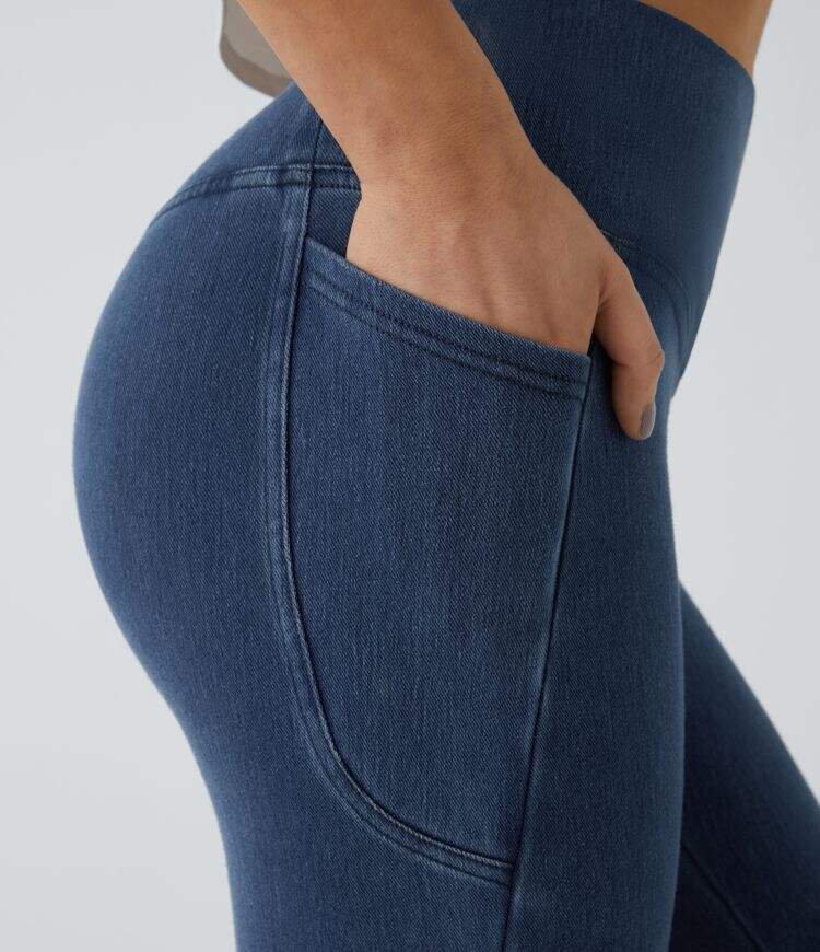 Crossover Side Pocket Washed Stretchy Knit Denim Work Leggings