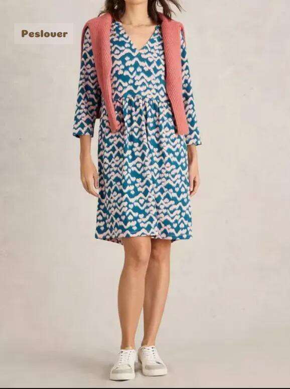 Thea Jersey Knee Length Dress In Teal Print
