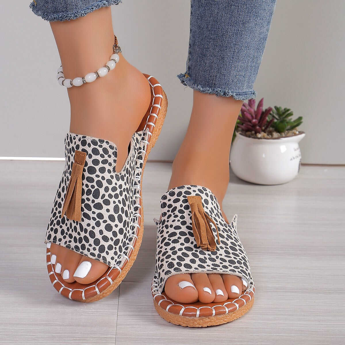 Fringe Leopard Open Toe Sandals