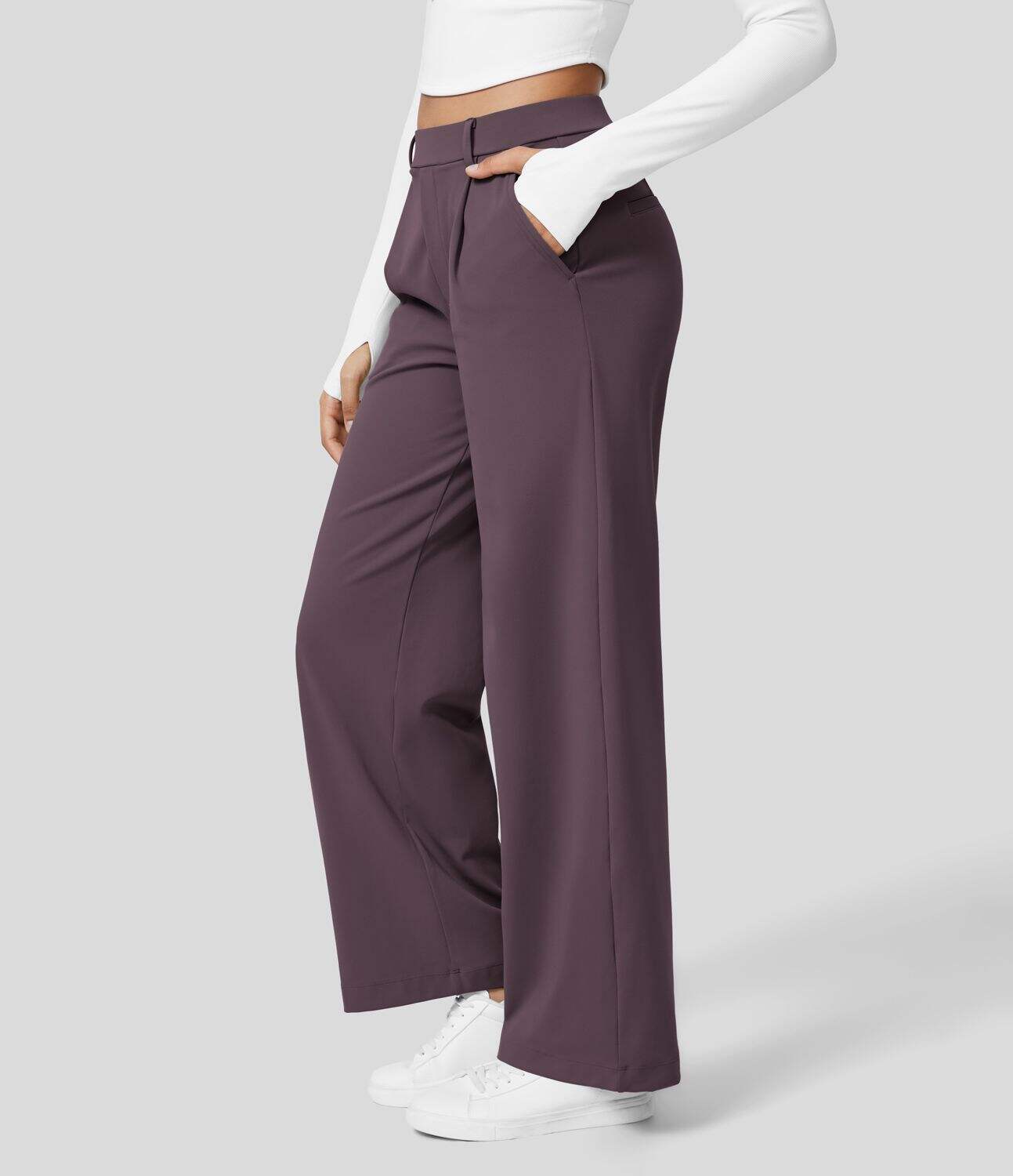 High Waisted Plicated Side Pocket Straight Leg Work Pants
