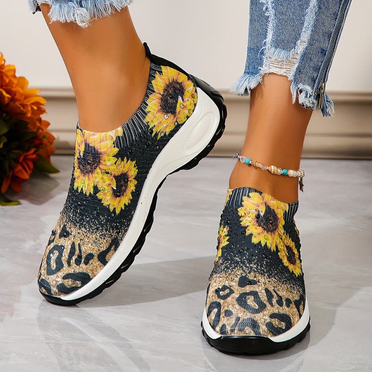 Women's Sunflower Pattern Sock Sneakers, Air Cushion Low Top Slip On Running Trainers, Casual Outdoor Walking Shoes
