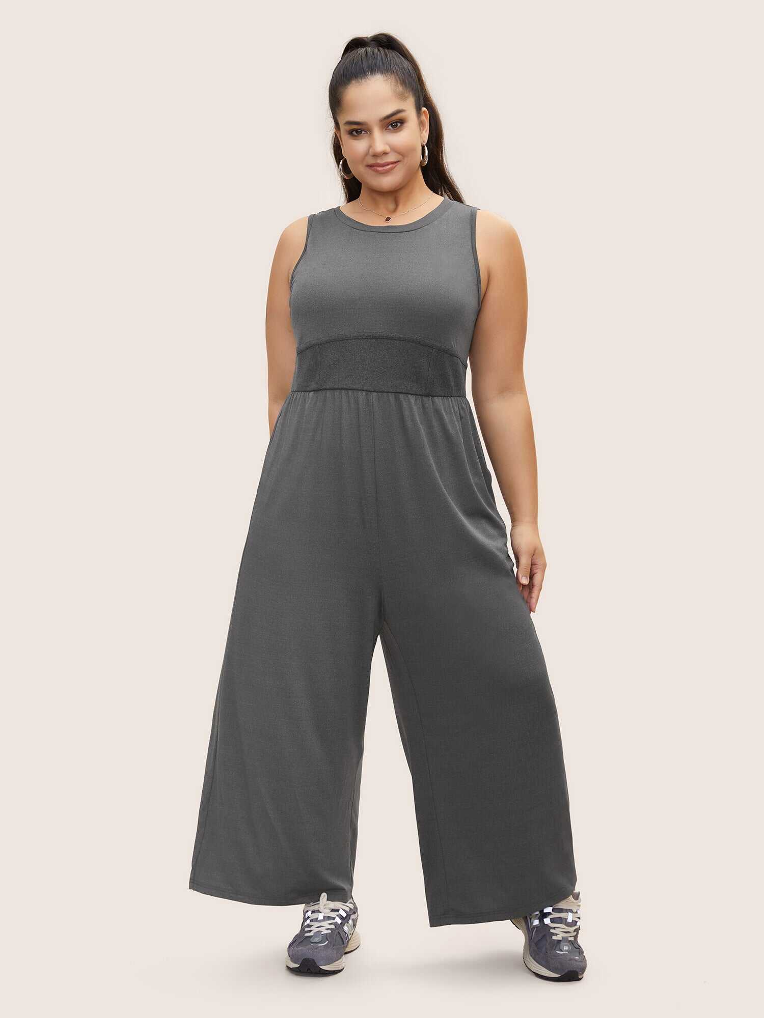 Rib Knit Patchwork Wide Leg Jumpsuit