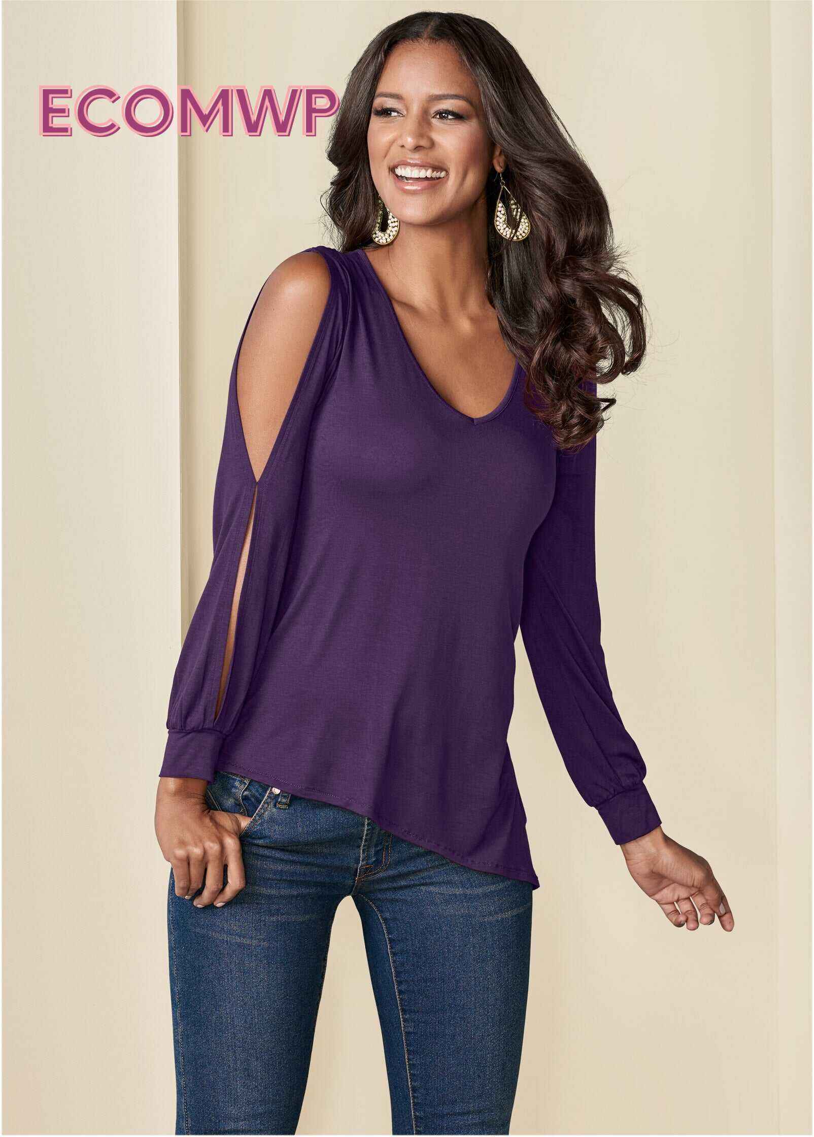 V-Neck Cold-Shoulder Top - Dark Purple