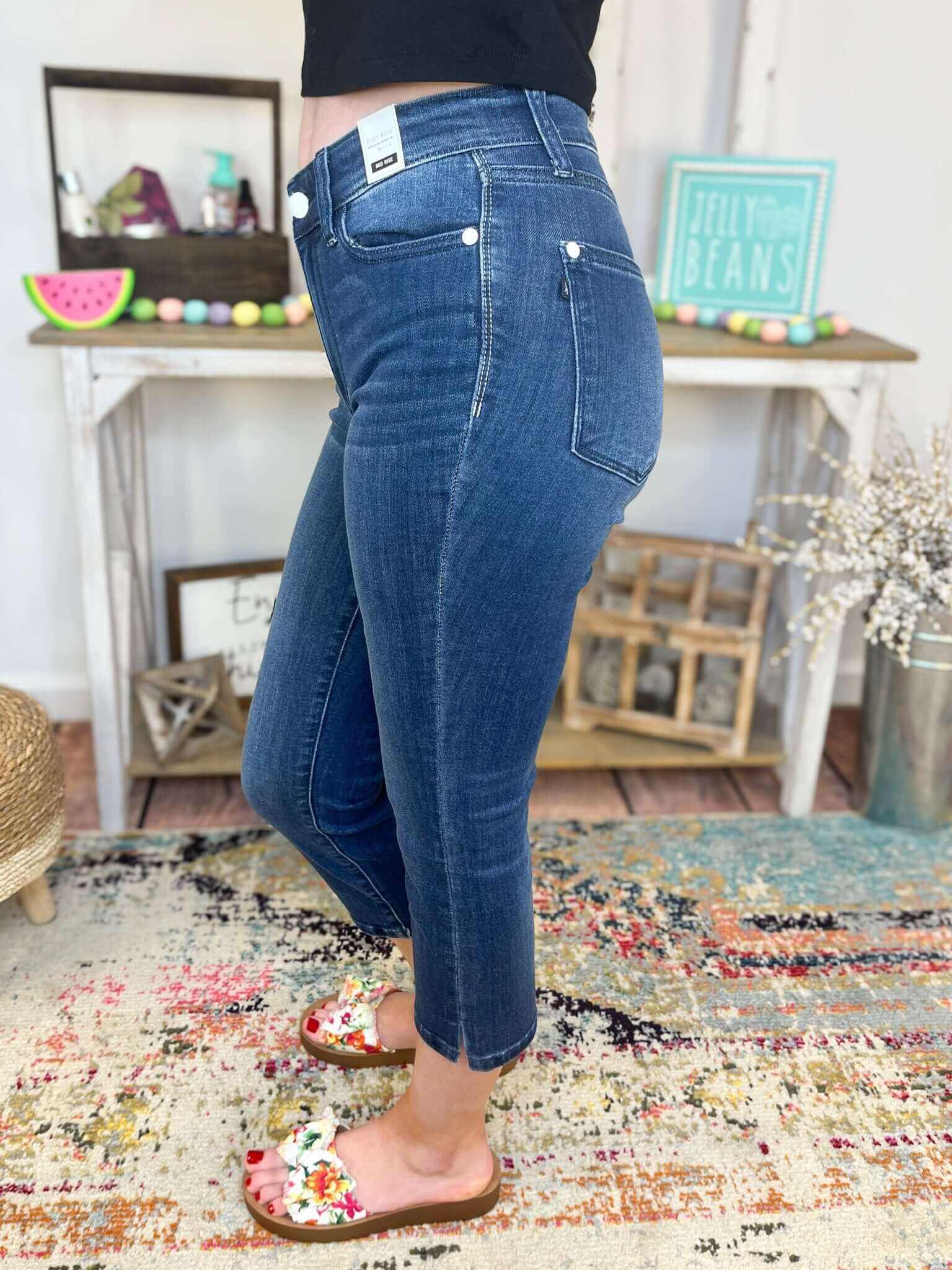 Judy Blue Dark Wash Skinny Fit Capri with Side Slit