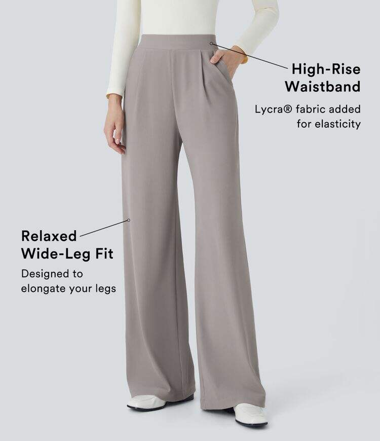 Ha High Waisted Body Sculpt Waist-Slimming Side Pocket Wide Leg Micro Waffle Work Pants