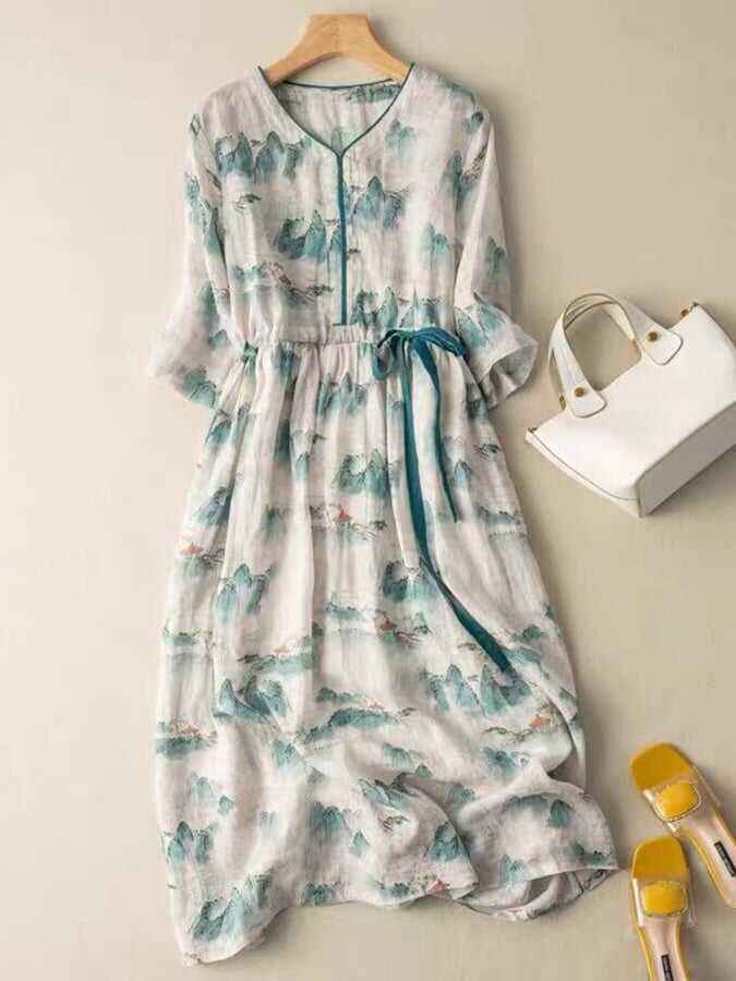 Vintage Printed Drasting Mid Length Dress