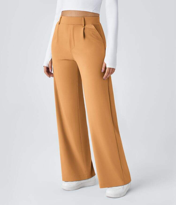 High Waisted Plicated Side Pocket Straight Leg Work Pants