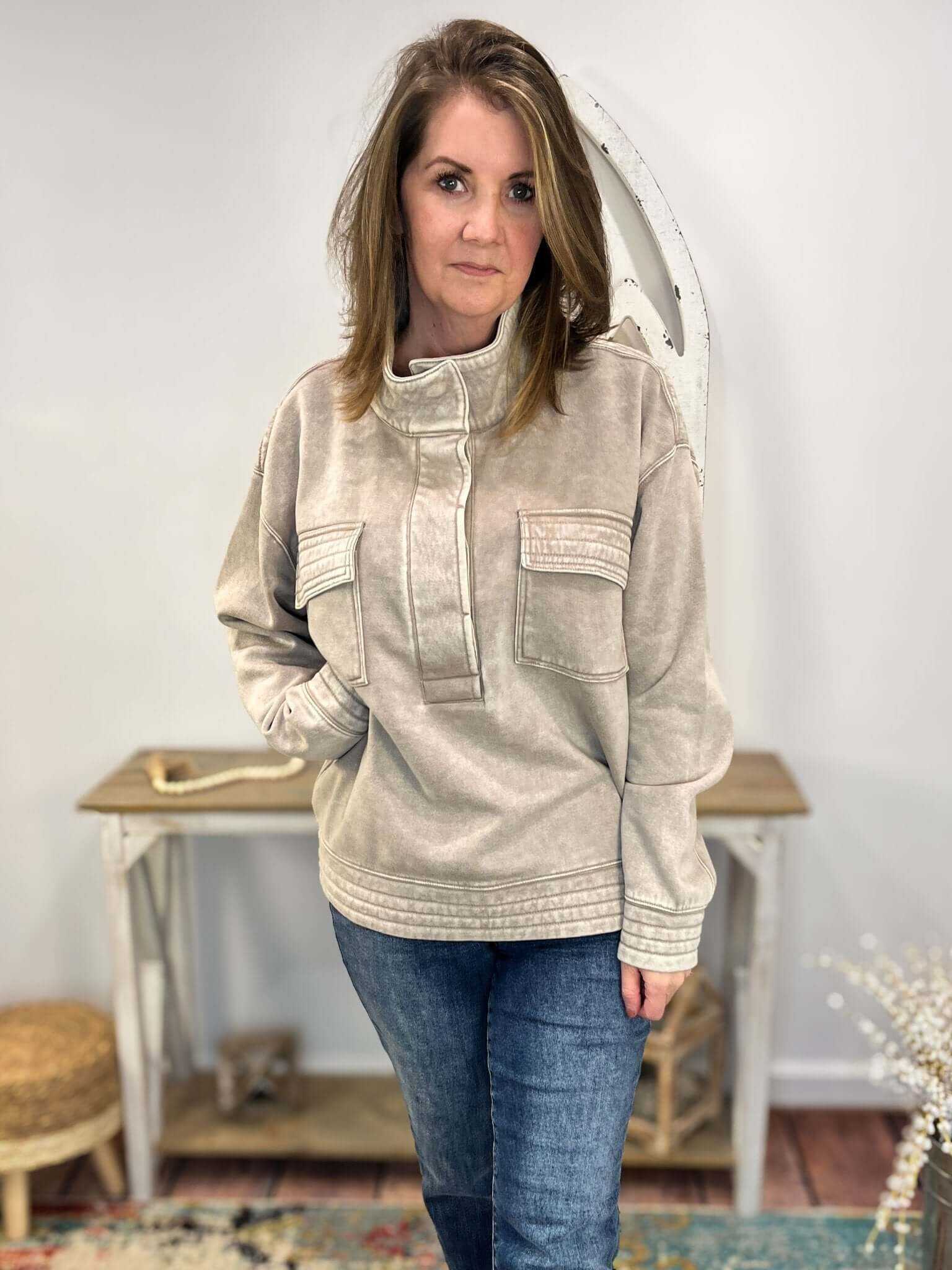Quilted Comfort Fleece Snap Pullover Sweatshirt