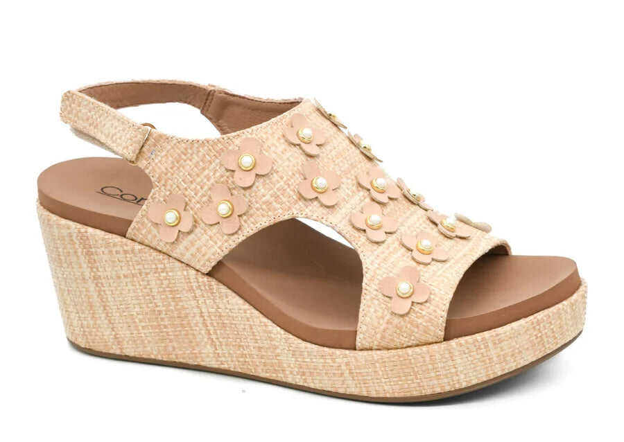 Corkys Raffia Pearl Flower Carley Wedge Sandal FINAL SALE