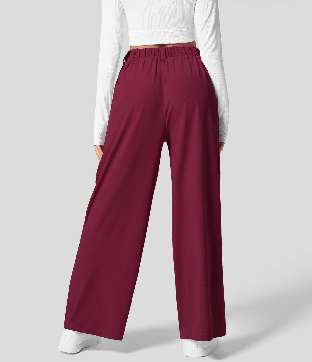 High Waisted Plicated Side Pocket Wide Leg Waffle Work Pants