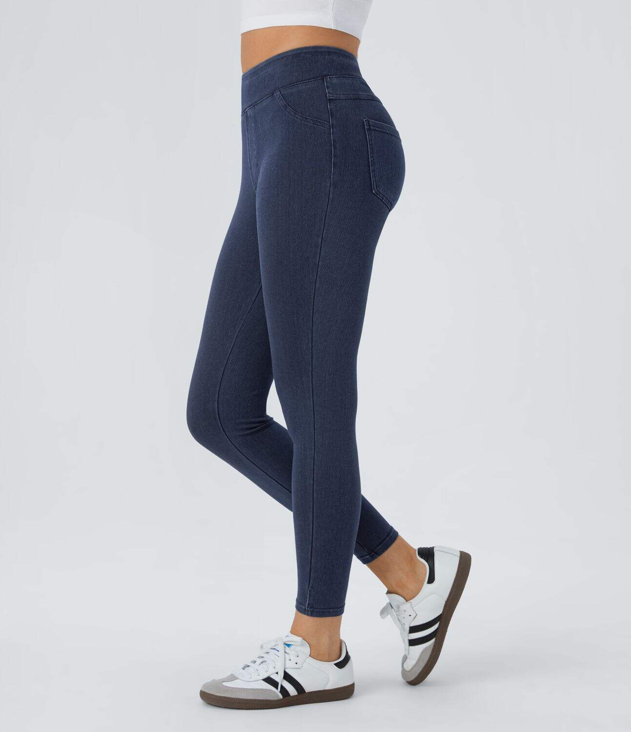 Ha High Waisted Back Side Pocket Stretchy Knit Denim Casual Leggings