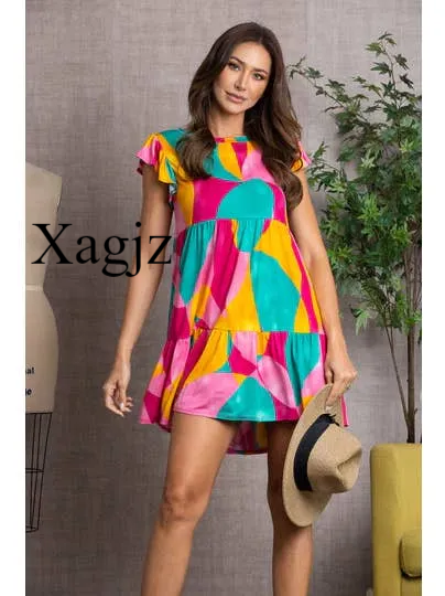 Bold Geo Print Babydoll Flutter Sleeve Mini Dress