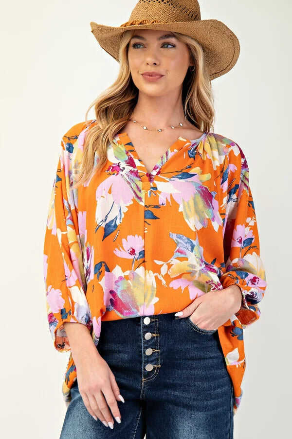 FINAL SALE Easel Orange Tropical Floral Top