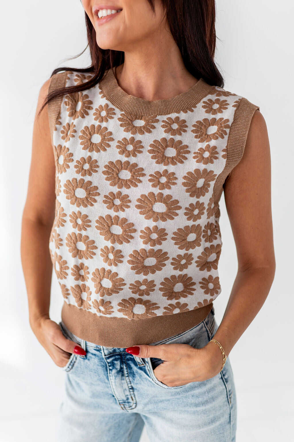 Thalia Floral Jacquard Top in Mocha