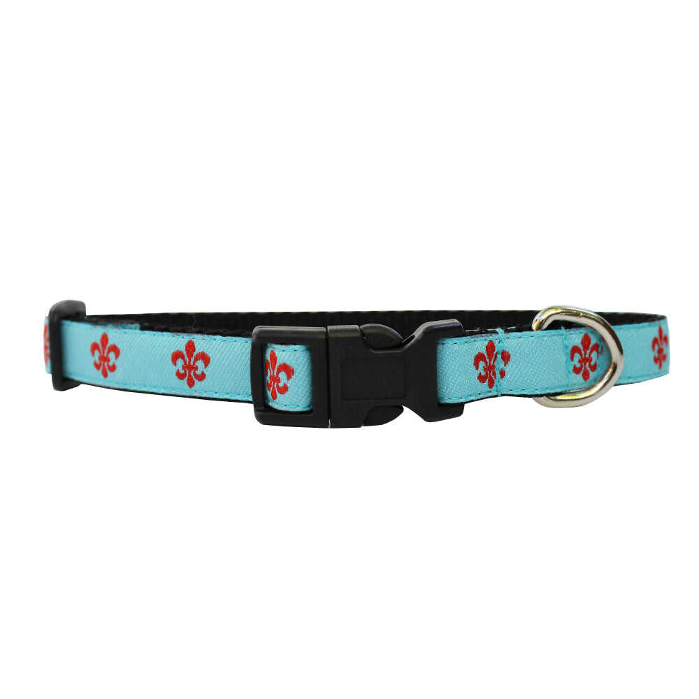 Aqua & Red Extra Small Fleur de Lis Dog Collar