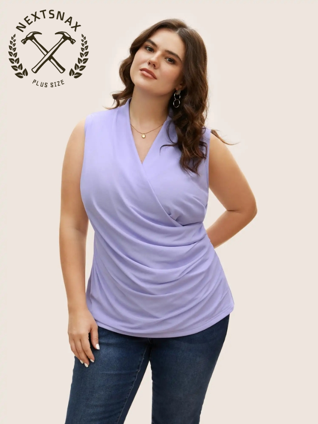 Overlap Collar Solid Pleated Tank Top