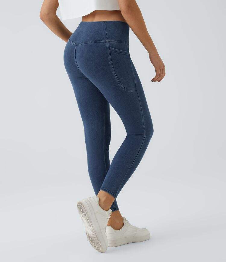 Crossover Side Pocket Washed Stretchy Knit Denim Work Leggings