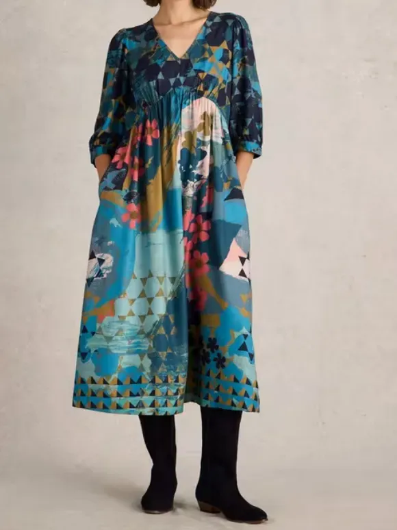 Lucy Midi Printed Dress In Teal Print