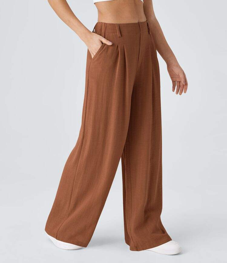 High Waisted Plicated Side Pocket Wide Leg Flowy Solid Palazzo Casual Linen-Feel Pants
