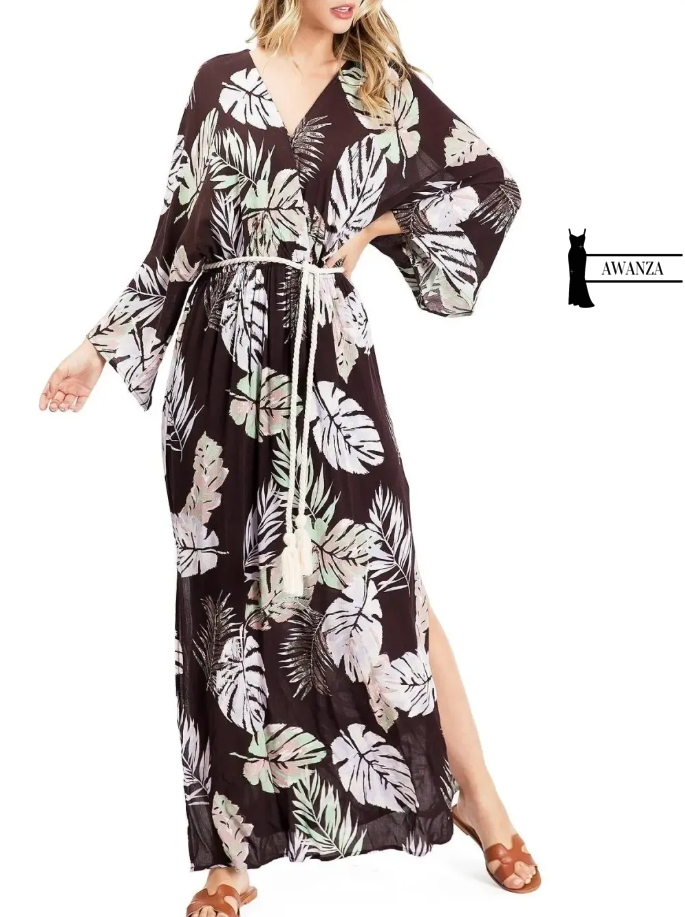 Black and White Palm Print Maxi Dress