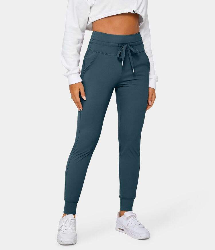 Airy High Waisted Drawstring Side Pocket Plain Cool Touch Full Length Joggers-UPF50+