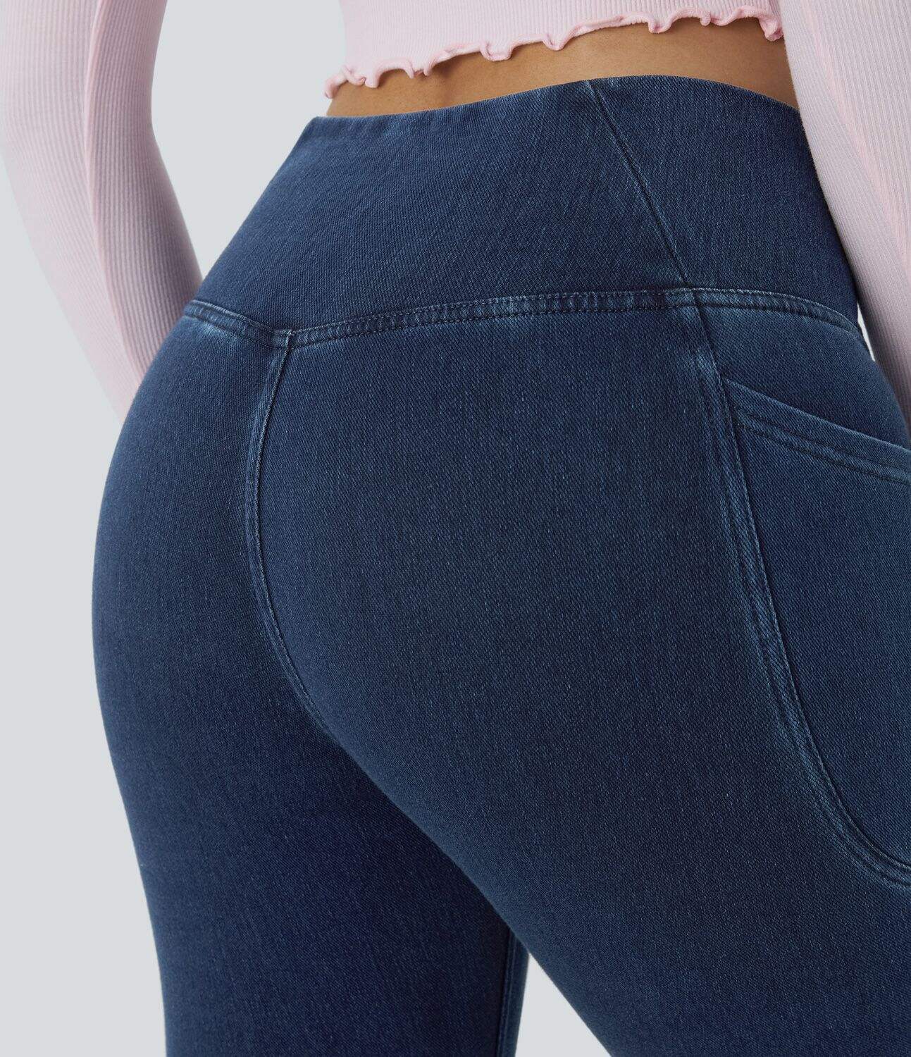 Crossover Side Pocket Washed Stretchy Knit Denim Work Leggings