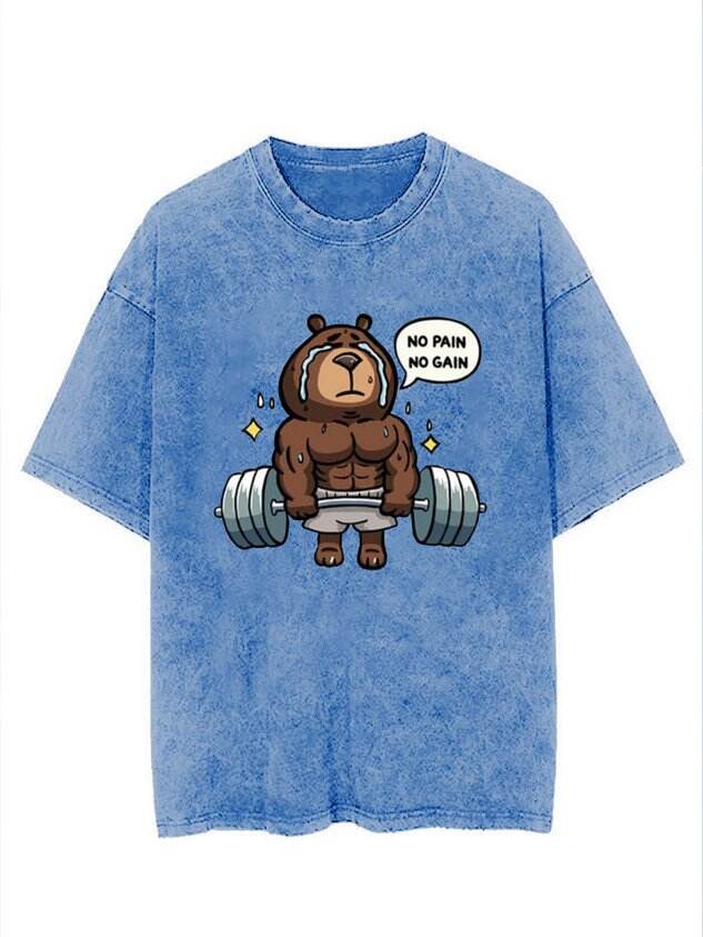 Funny Fitness Bear Print Washed T-Shirt