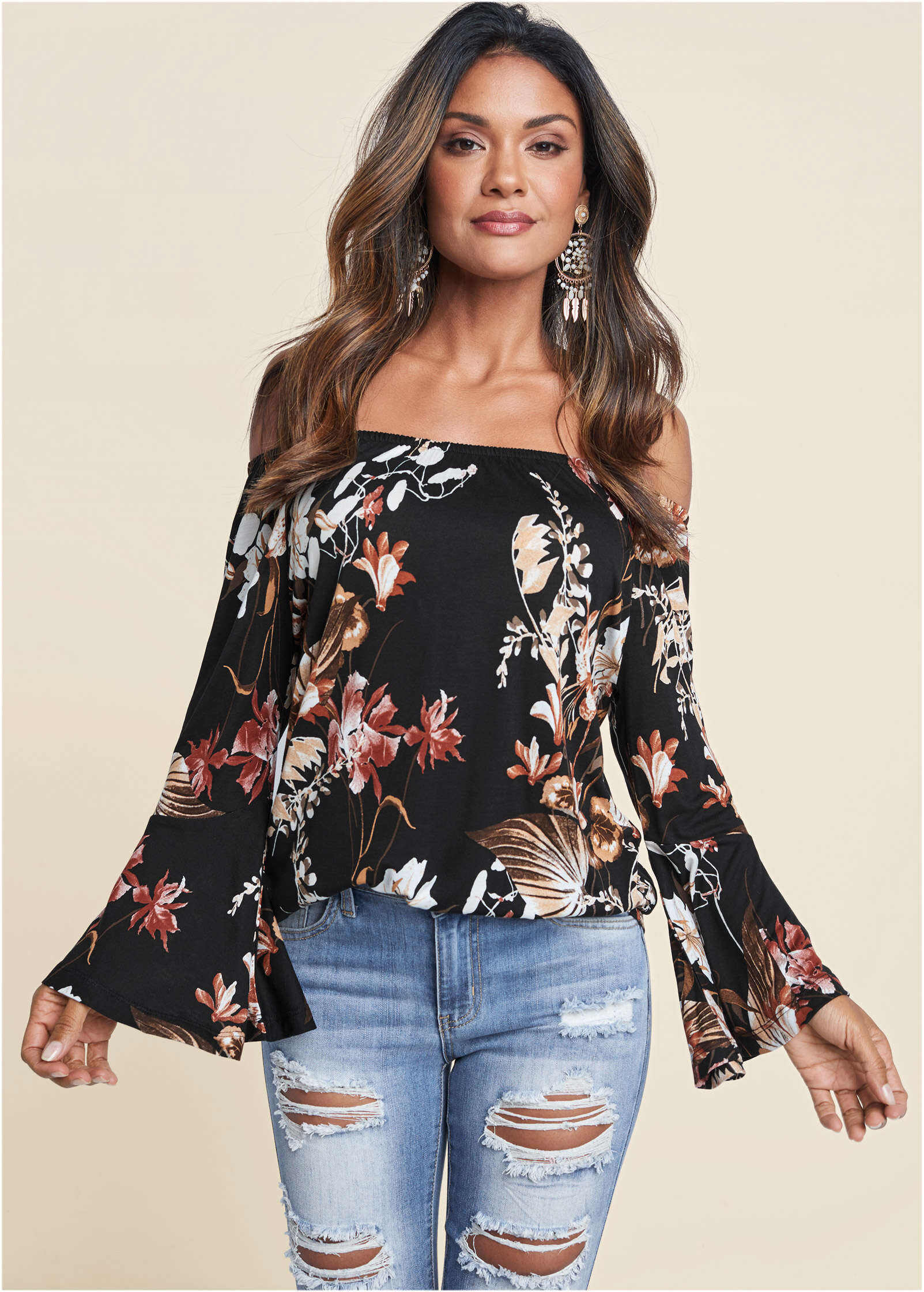 Bell Sleeve Printed Top - Black Multi